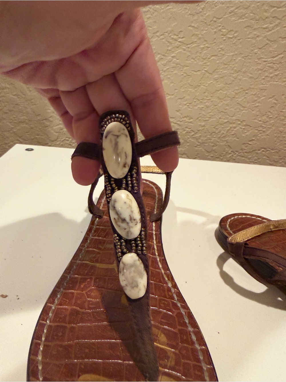 Sam Edelman Brown T-Strap Sandal with Cream Marbled Bead Accents - Picture 3 of 7